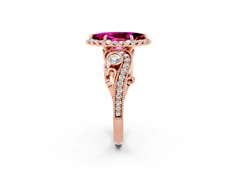 Rose gold Marquise Cut Garnet Halo Ring with Milgrain Pavé Band and Four-Prong Setting_14