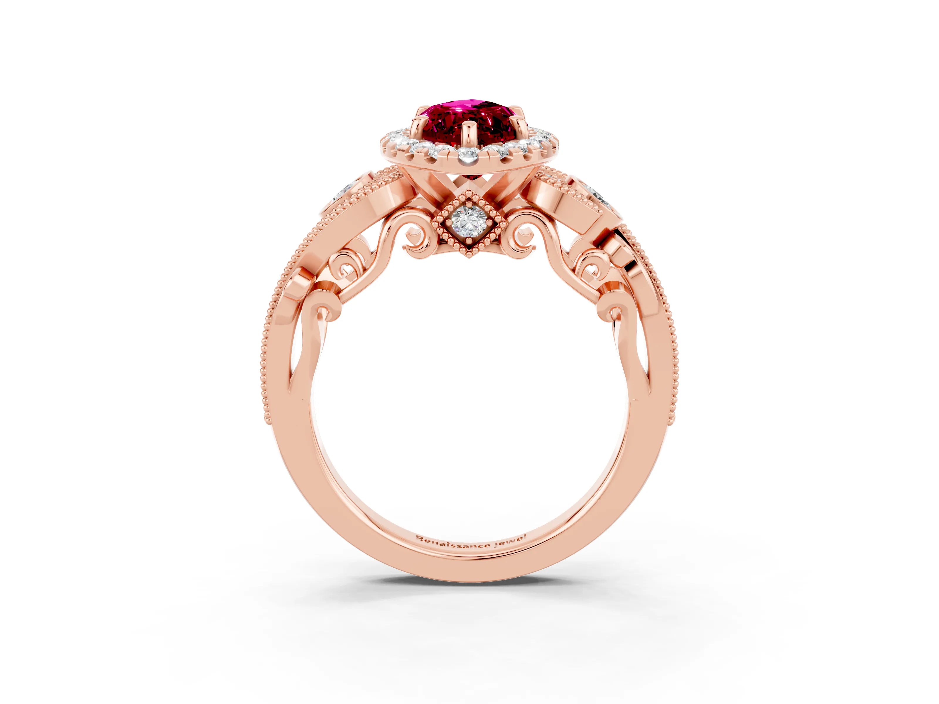 Rose gold Marquise Cut Garnet Halo Ring with Milgrain Pavé Band and Four-Prong Setting_15
