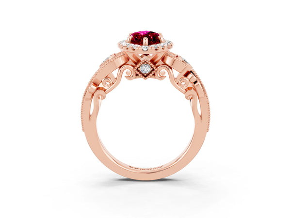 Rose gold Marquise Cut Garnet Halo Ring with Milgrain Pavé Band and Four-Prong Setting