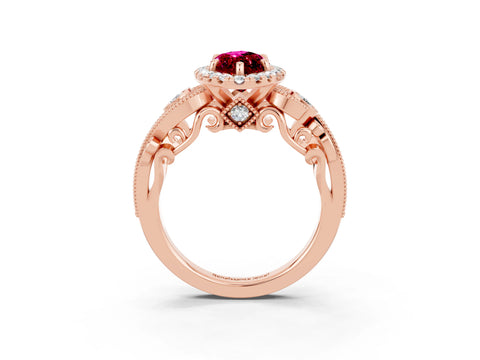Rose gold Marquise Cut Garnet Halo Ring with Milgrain Pavé Band and Four-Prong Setting_15