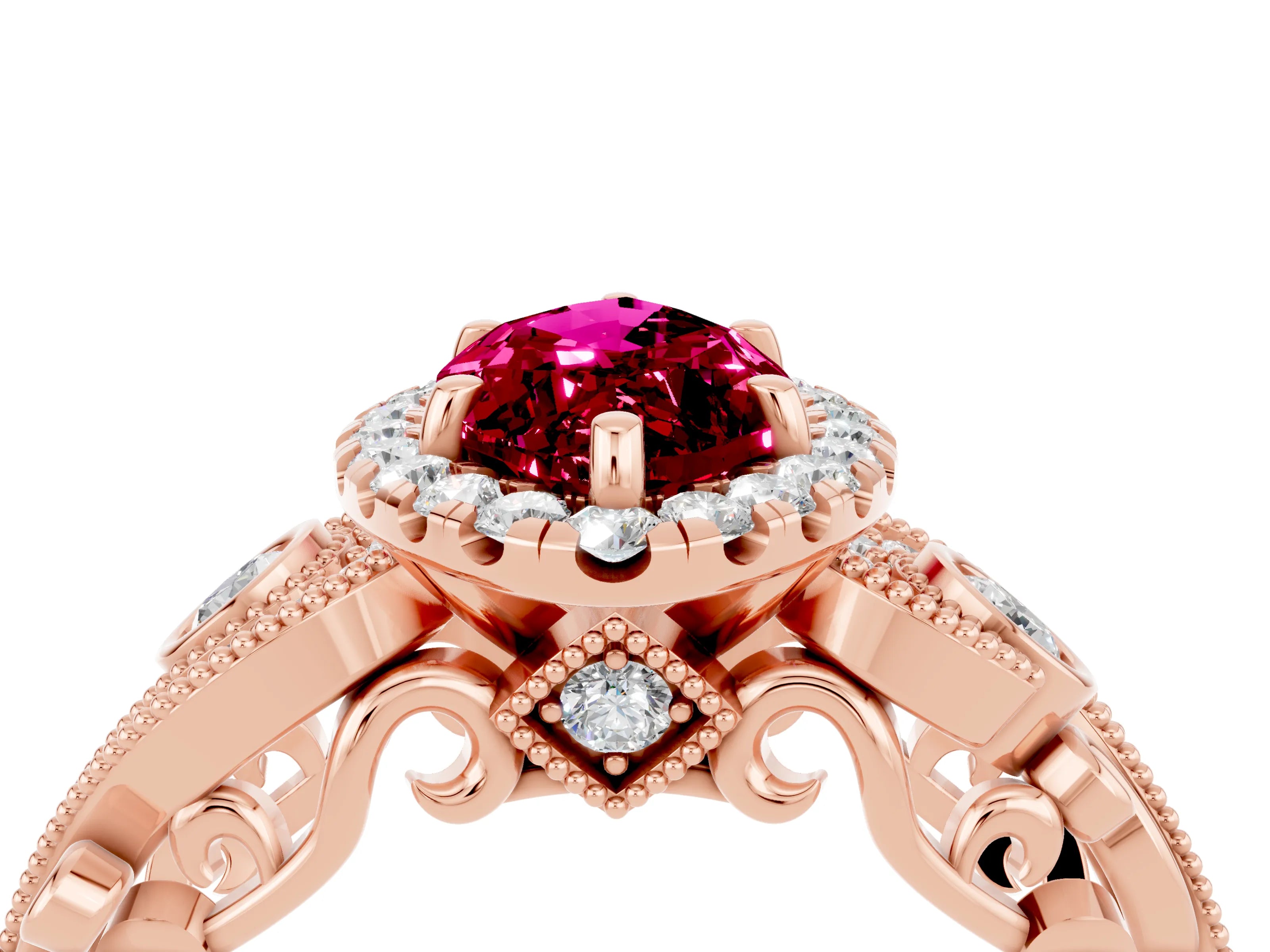 Rose gold Marquise Cut Garnet Halo Ring with Milgrain Pavé Band and Four-Prong Setting_16