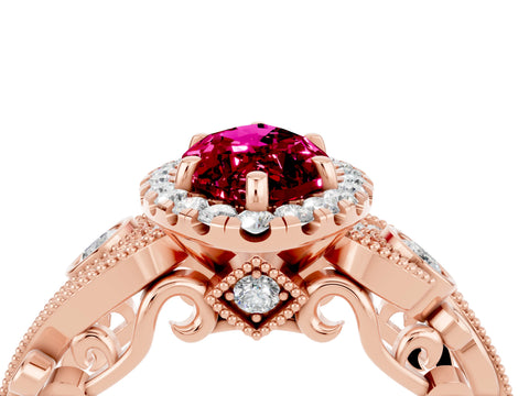 Rose gold Marquise Cut Garnet Halo Ring with Milgrain Pavé Band and Four-Prong Setting_16