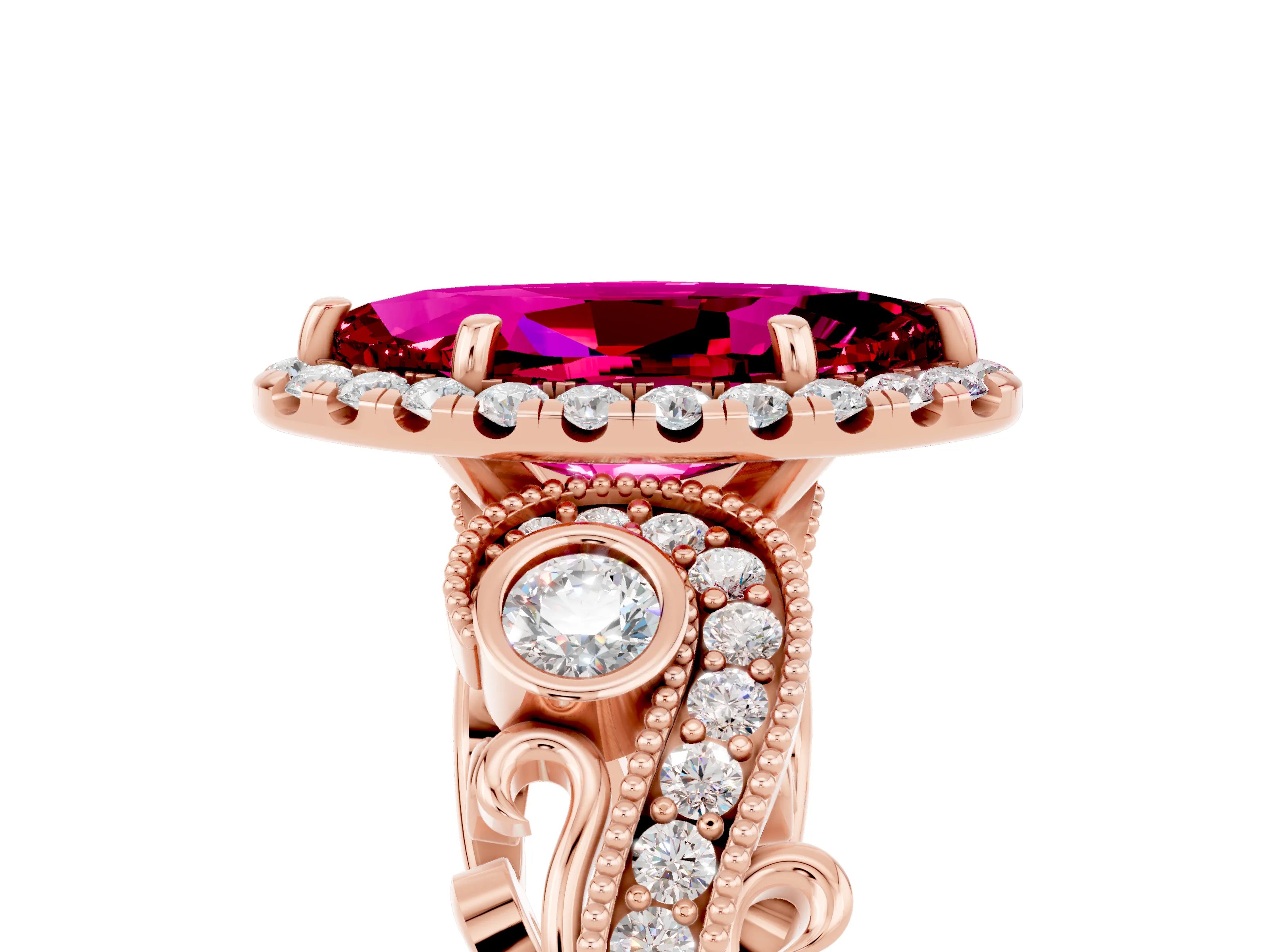 Rose gold Marquise Cut Garnet Halo Ring with Milgrain Pavé Band and Four-Prong Setting_17