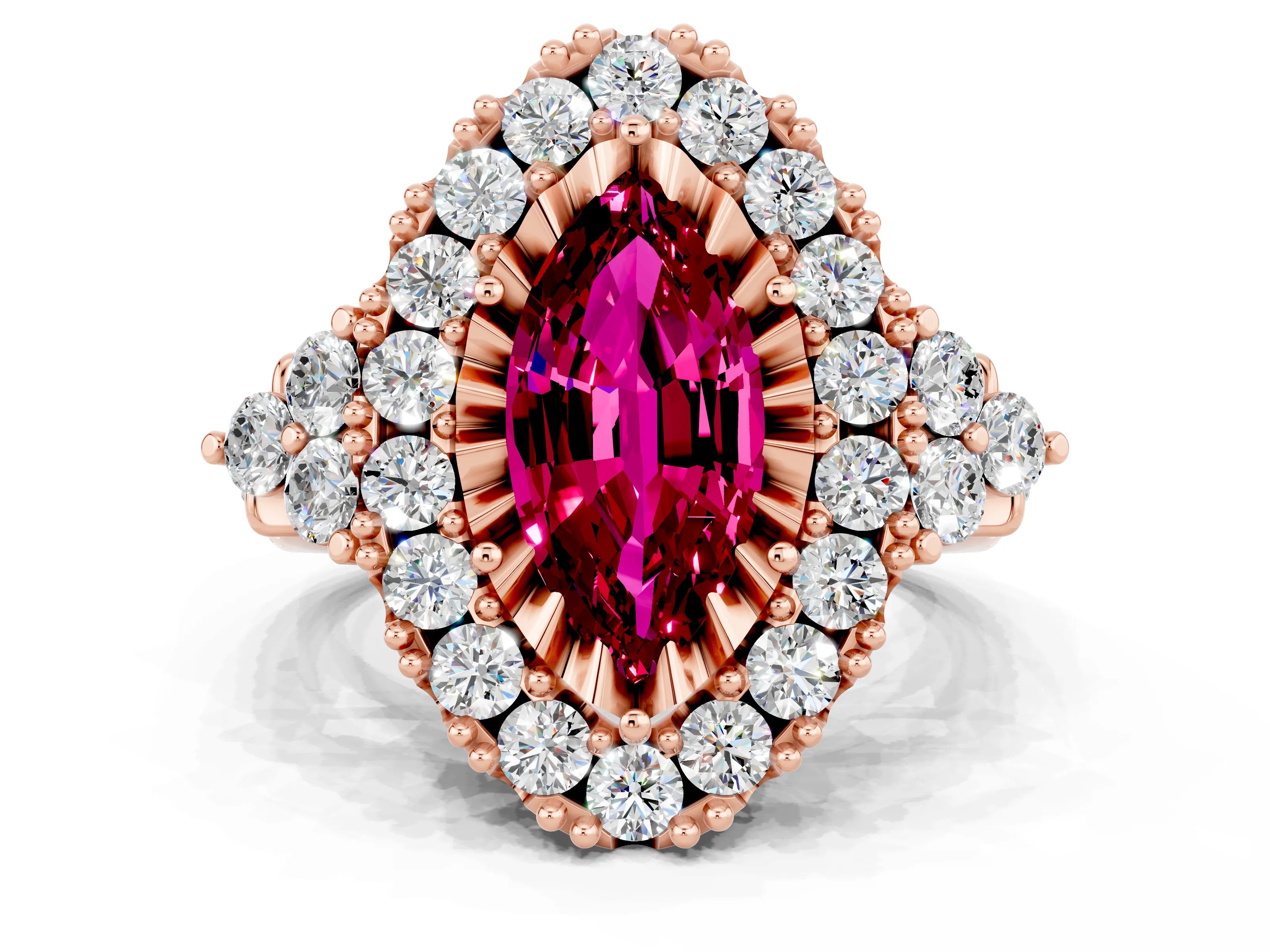 Rose gold Marquise Cut Garnet Halo Ring with Pavé Band and Four-Prong Setting_12