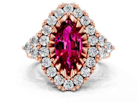 Rose gold Marquise Cut Garnet Halo Ring with Pavé Band and Four-Prong Setting_12