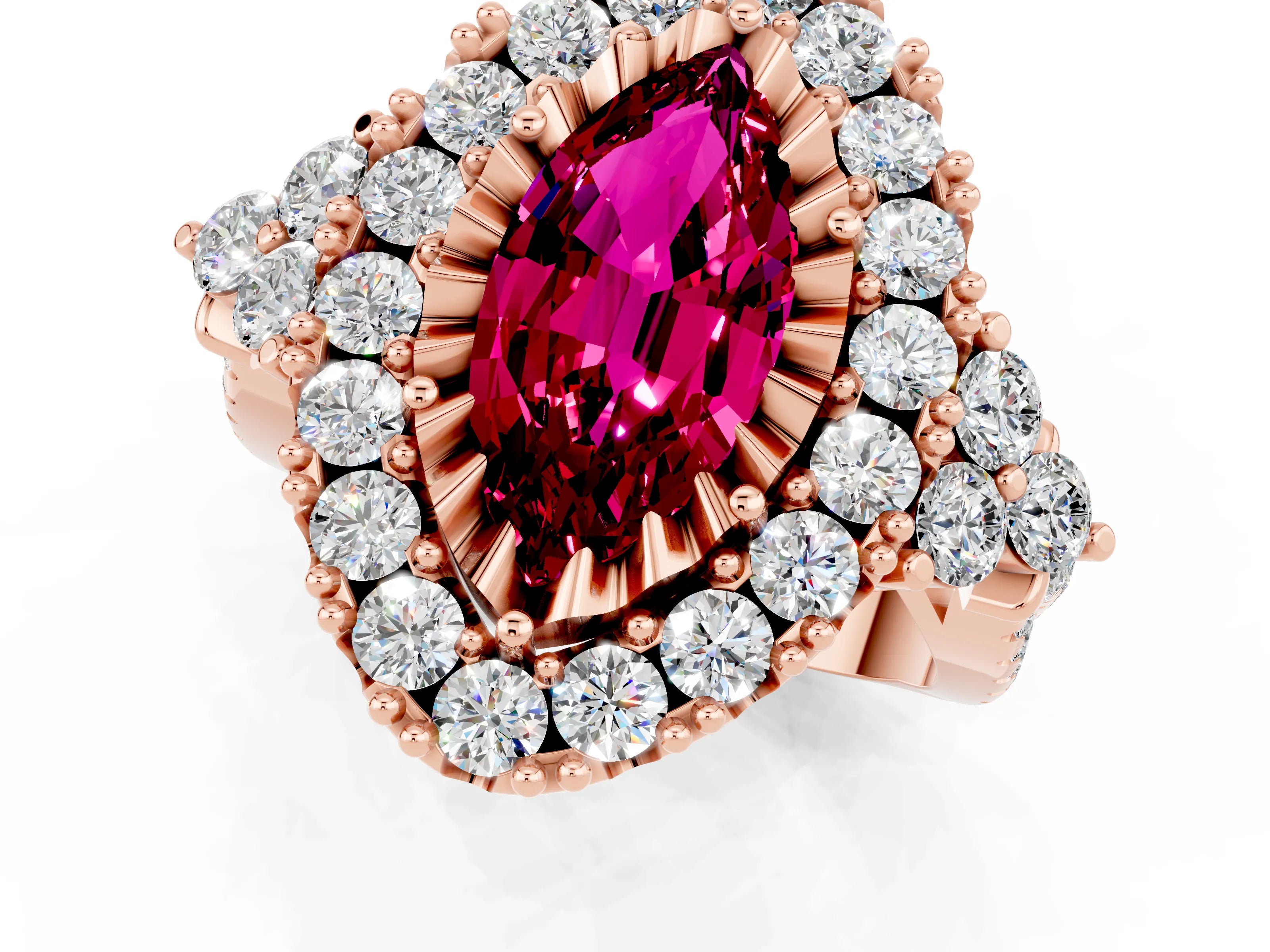 Rose gold Marquise Cut Garnet Halo Ring with Pavé Band and Four-Prong Setting_13