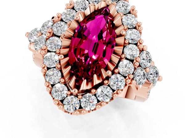 Rose gold Marquise Cut Garnet Halo Ring with Pavé Band and Four-Prong Setting