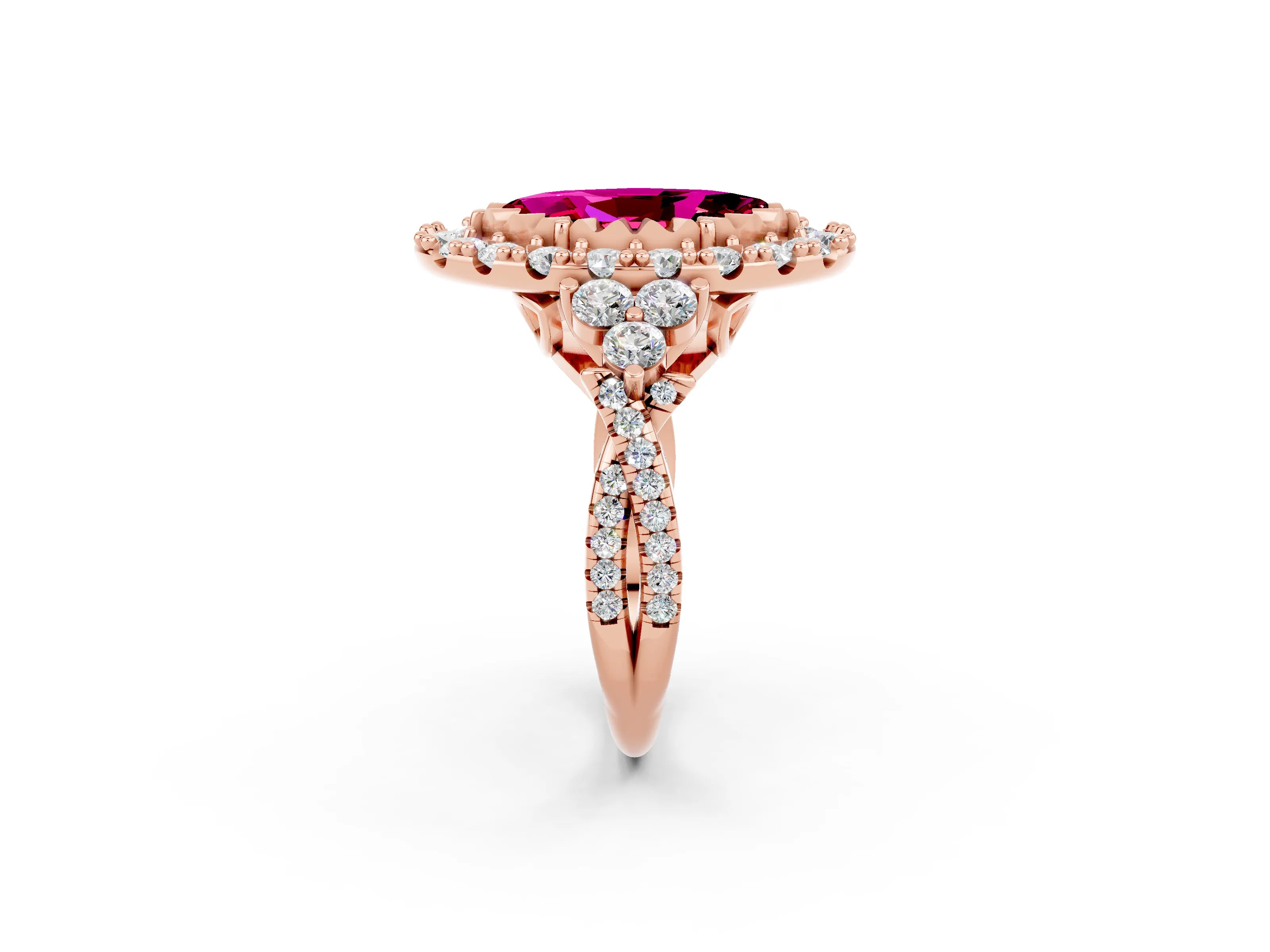 Rose gold Marquise Cut Garnet Halo Ring with Pavé Band and Four-Prong Setting_14