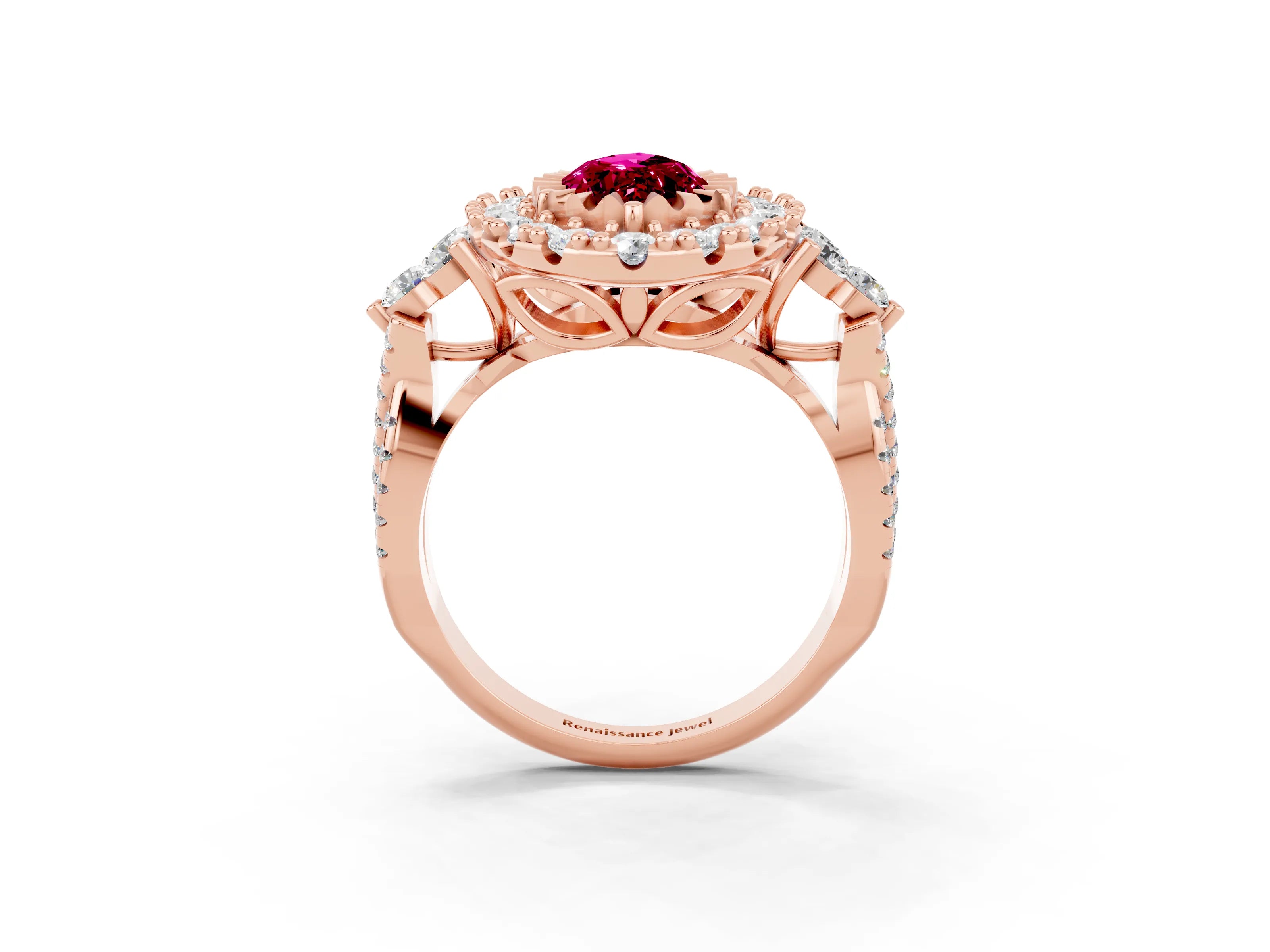 Rose gold Marquise Cut Garnet Halo Ring with Pavé Band and Four-Prong Setting_15
