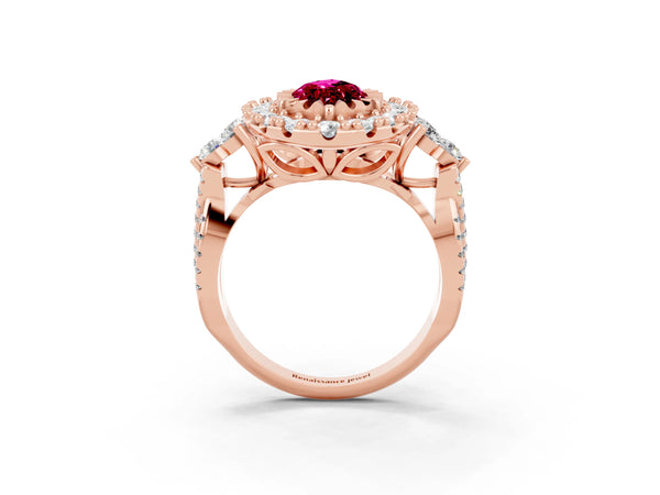 Rose gold Marquise Cut Garnet Halo Ring with Pavé Band and Four-Prong Setting
