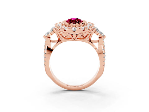 Rose gold Marquise Cut Garnet Halo Ring with Pavé Band and Four-Prong Setting_15