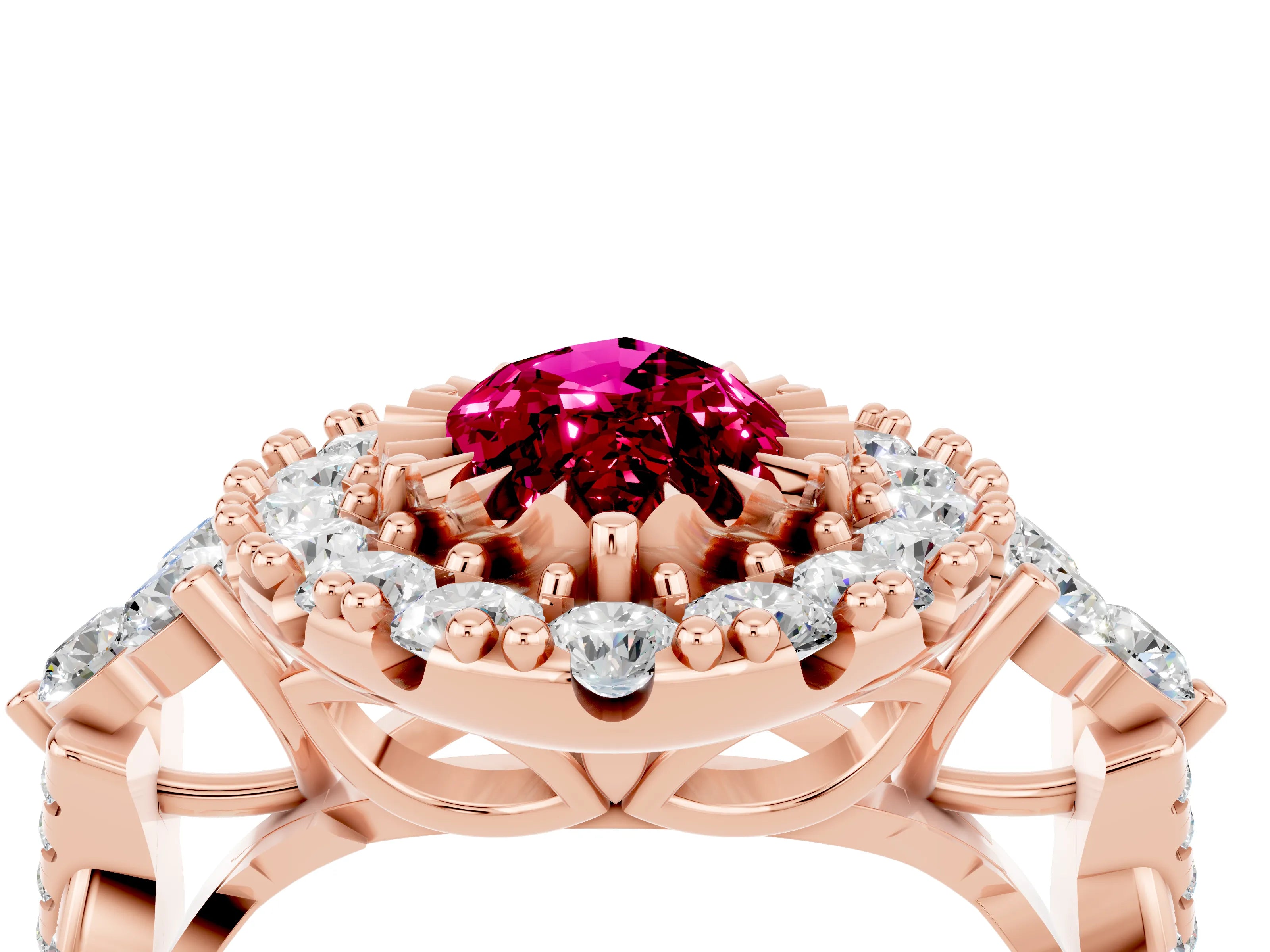 Rose gold Marquise Cut Garnet Halo Ring with Pavé Band and Four-Prong Setting_16