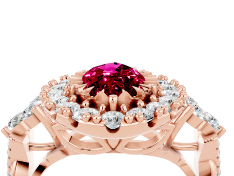 Rose gold Marquise Cut Garnet Halo Ring with Pavé Band and Four-Prong Setting_16