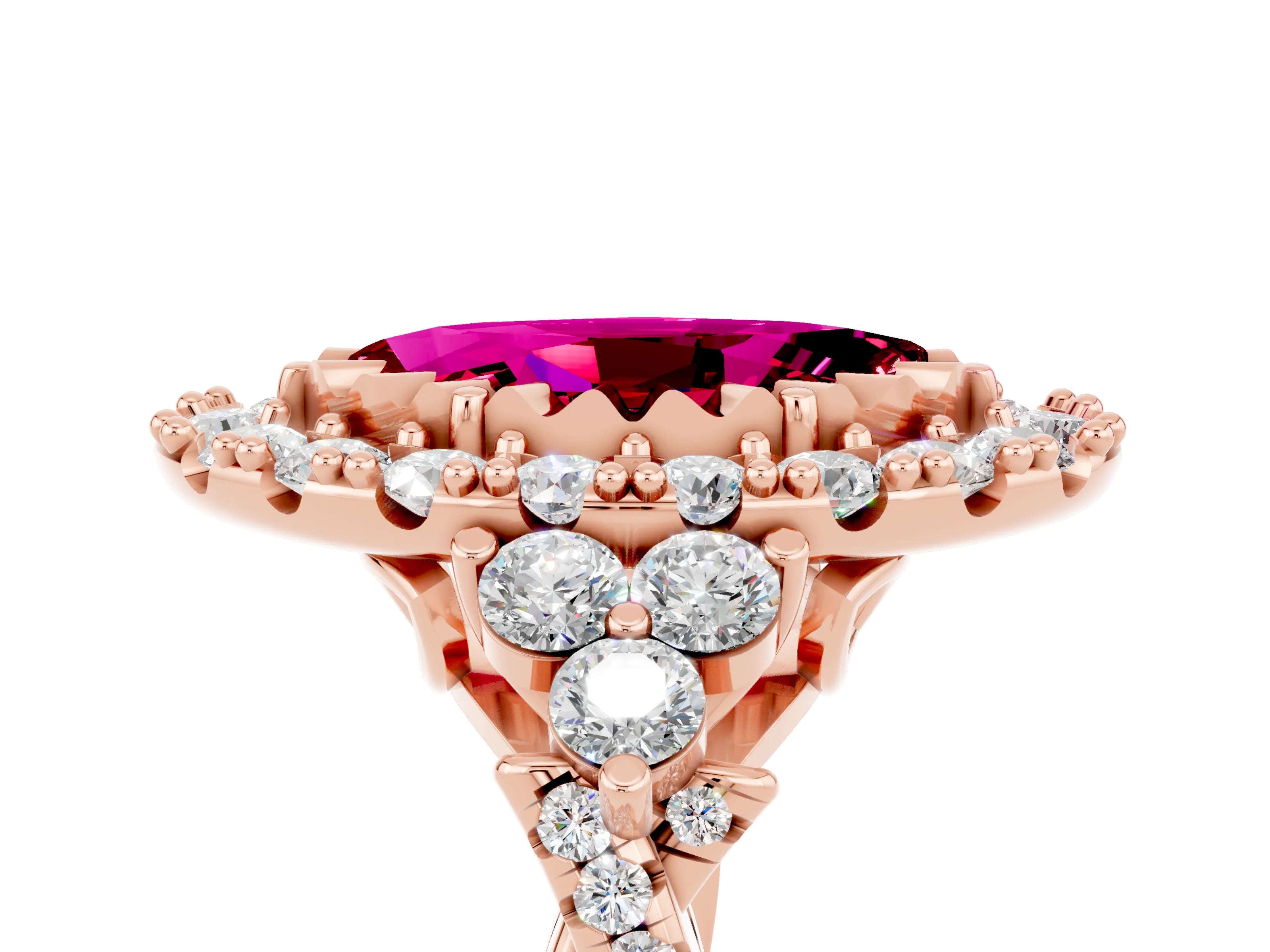 Rose gold Marquise Cut Garnet Halo Ring with Pavé Band and Four-Prong Setting_17