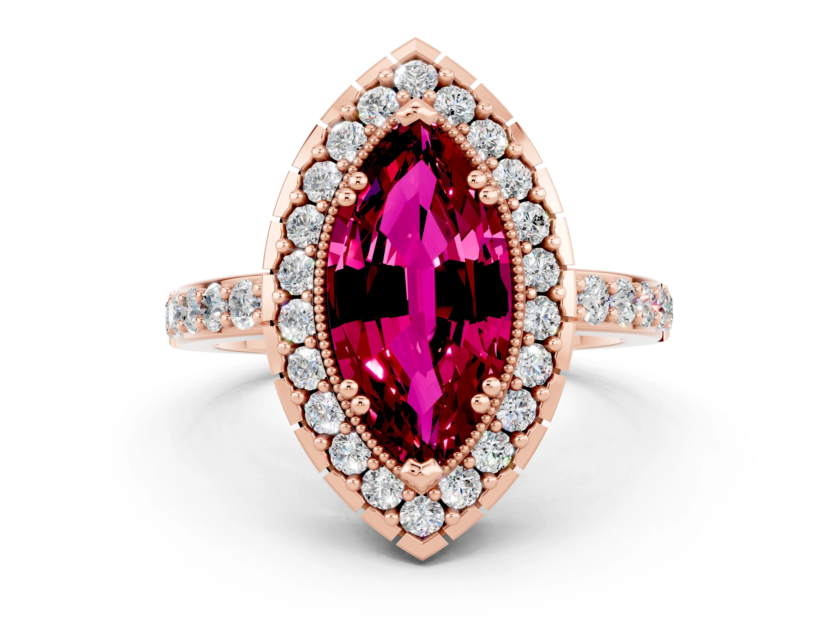 Rose gold Marquise Cut Garnet Halo Ring with Pavé Band and Prong Setting
