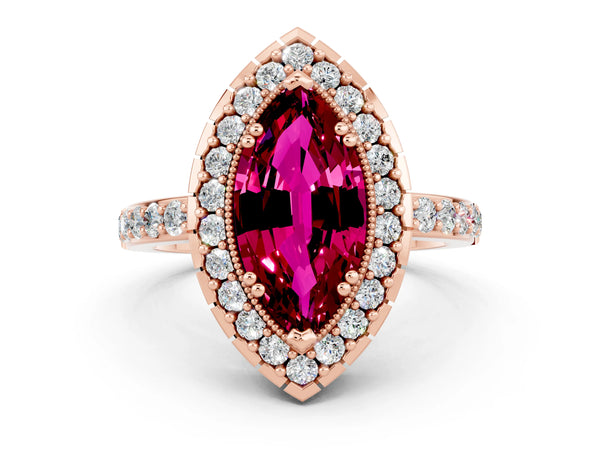 Rose gold Marquise Cut Garnet Halo Ring with Pavé Band and Prong Setting