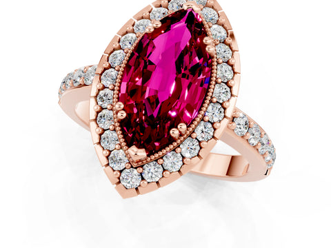 Rose gold Marquise Cut Garnet Halo Ring with Pavé Band and Prong Setting_1