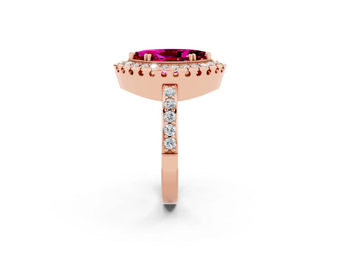 Rose gold Marquise Cut Garnet Halo Ring with Pavé Band and Prong Setting_2
