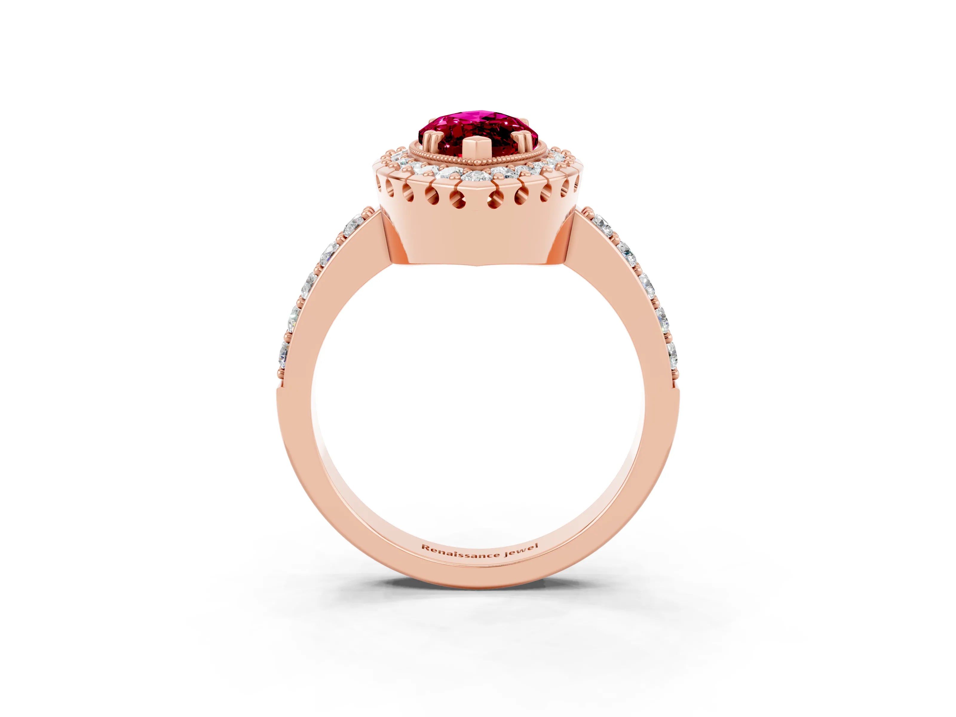 Rose gold Marquise Cut Garnet Halo Ring with Pavé Band and Prong Setting_3