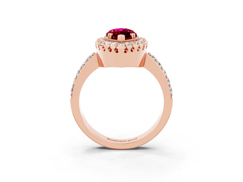 Rose gold Marquise Cut Garnet Halo Ring with Pavé Band and Prong Setting_3