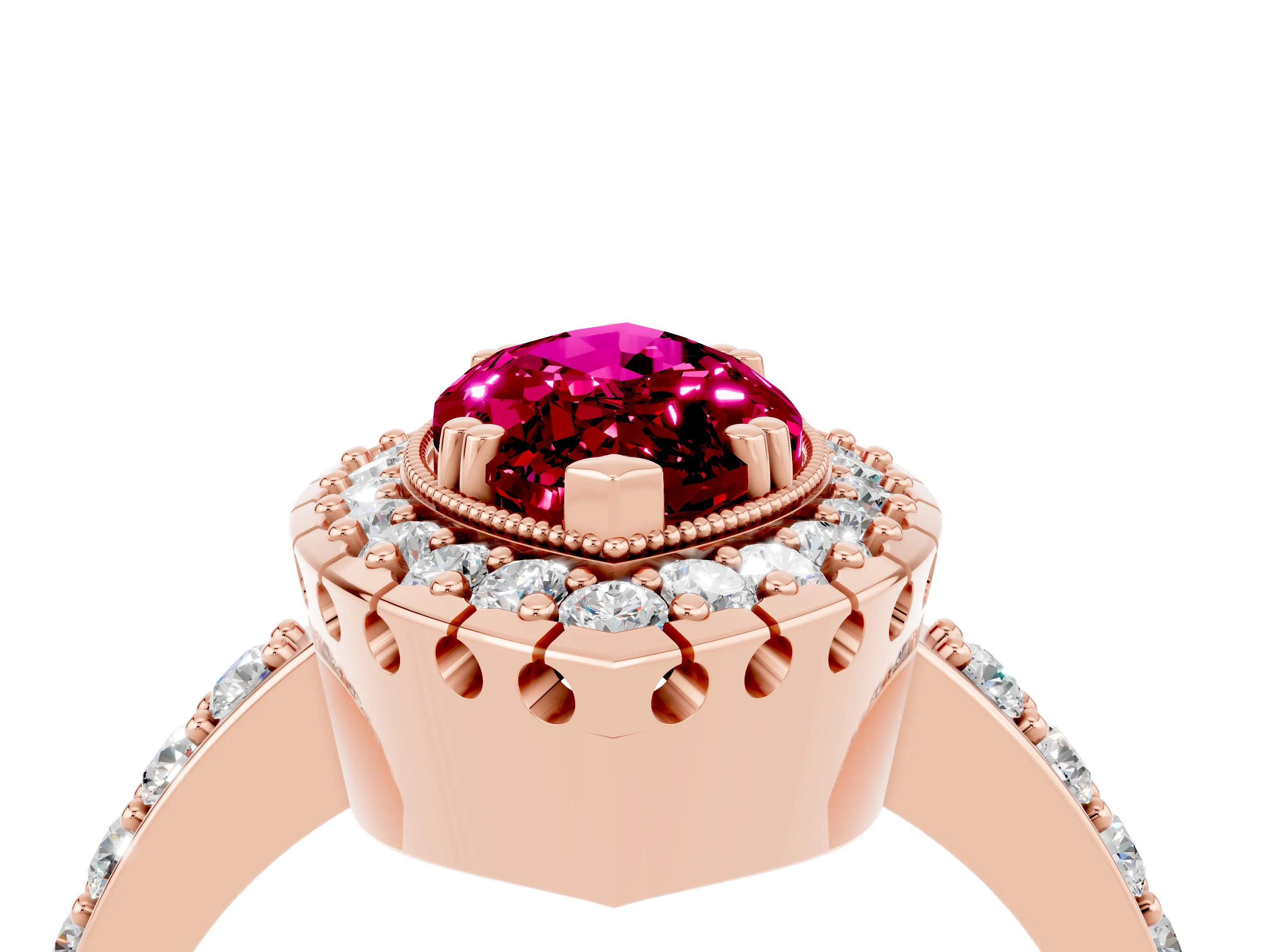 Rose gold Marquise Cut Garnet Halo Ring with Pavé Band and Prong Setting_4