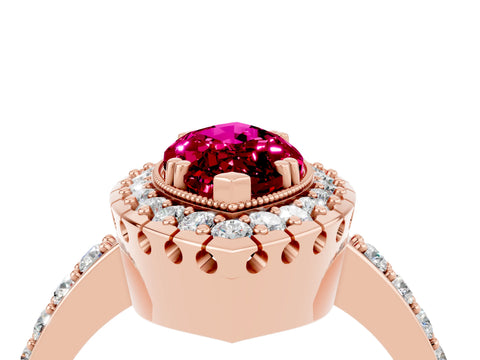 Rose gold Marquise Cut Garnet Halo Ring with Pavé Band and Prong Setting_4