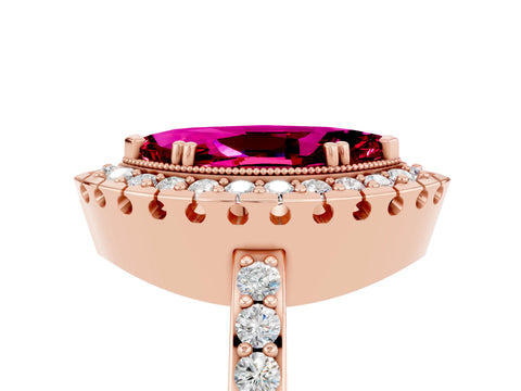 Rose gold Marquise Cut Garnet Halo Ring with Pavé Band and Prong Setting_5