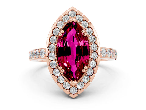 Rose gold Marquise Cut Garnet Halo Ring with Pavé Band and Prong Setting