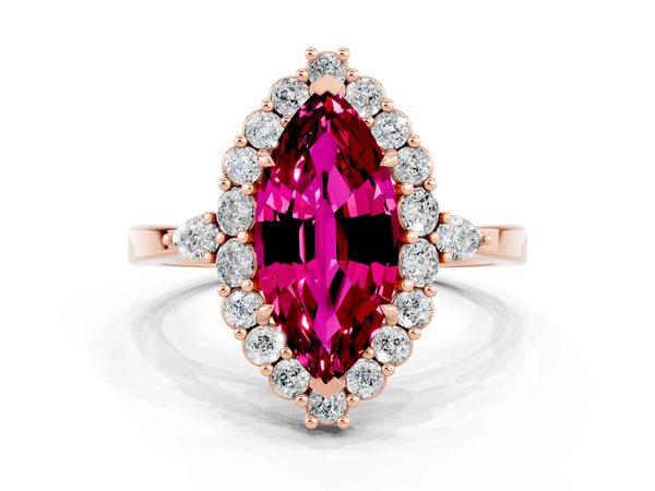 Rose gold Marquise Cut Garnet Halo Ring with Pear Side Stones and Prong Setting