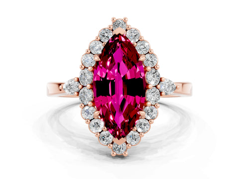 Rose gold Marquise Cut Garnet Halo Ring with Pear Side Stones and Prong Setting_12