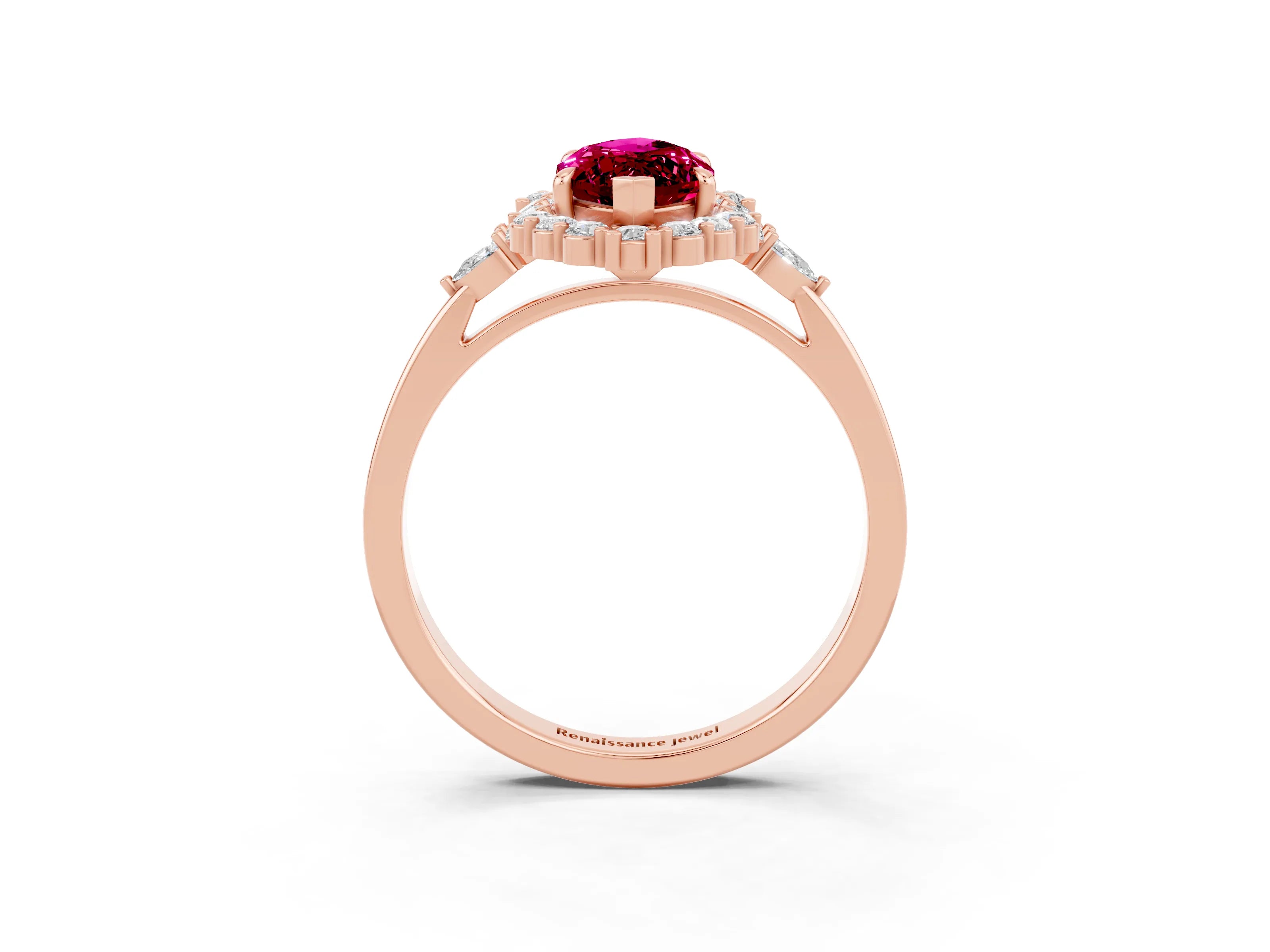 Rose gold Marquise Cut Garnet Halo Ring with Pear Side Stones and Prong Setting_15