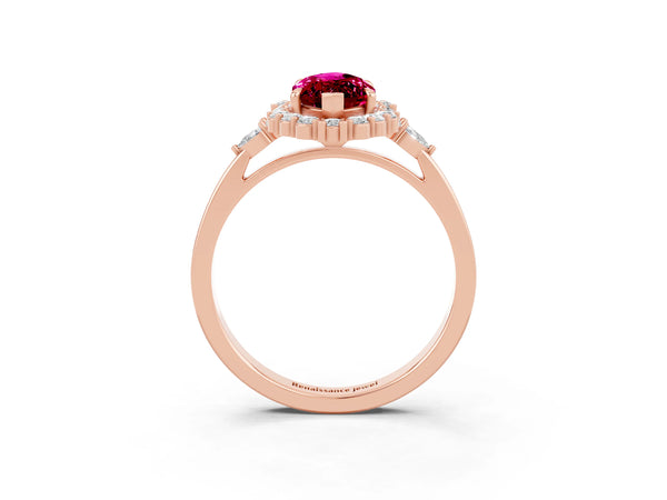 Rose gold Marquise Cut Garnet Halo Ring with Pear Side Stones and Prong Setting