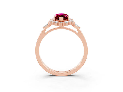 Rose gold Marquise Cut Garnet Halo Ring with Pear Side Stones and Prong Setting_15