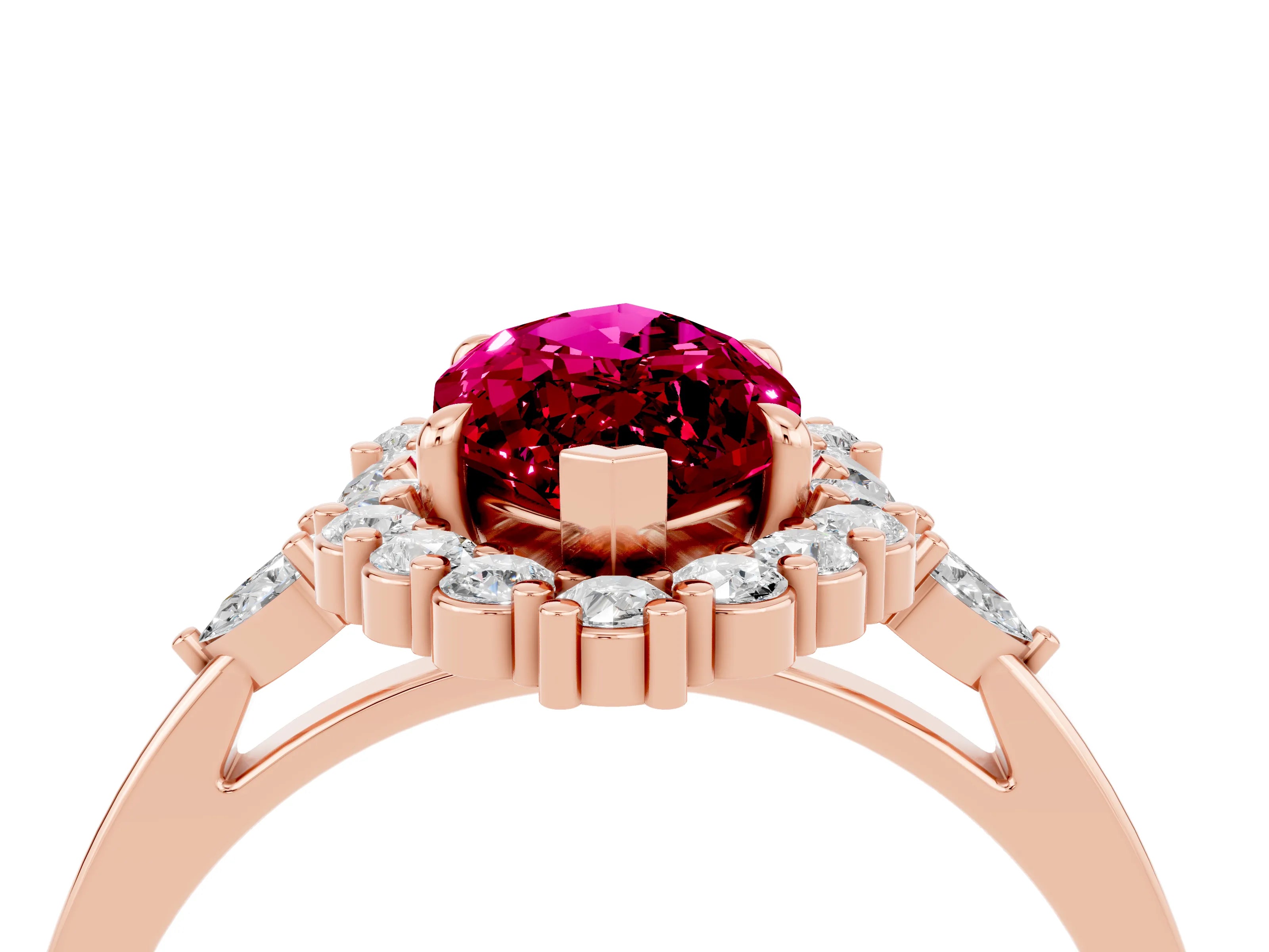 Rose gold Marquise Cut Garnet Halo Ring with Pear Side Stones and Prong Setting_16