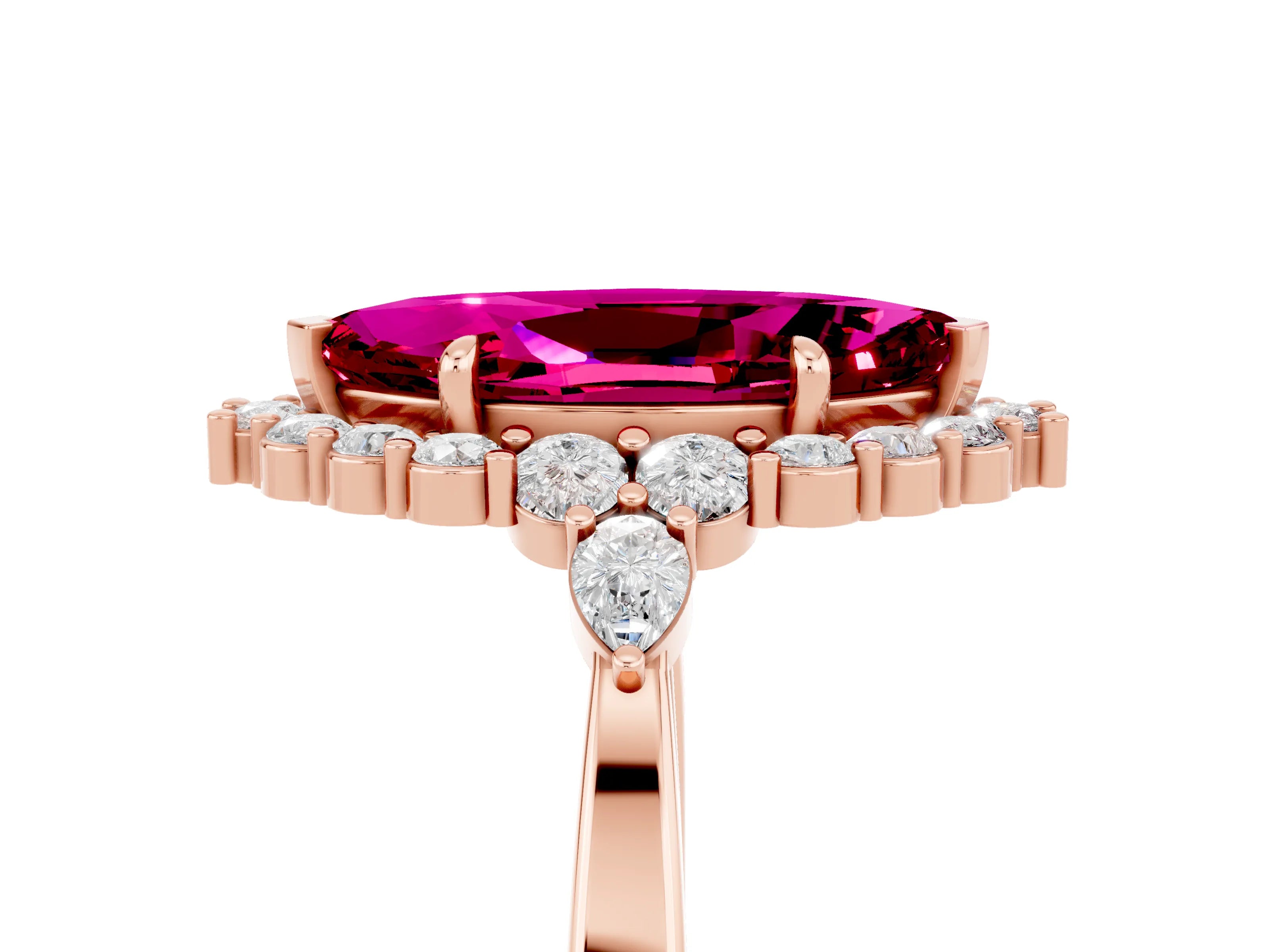 Rose gold Marquise Cut Garnet Halo Ring with Pear Side Stones and Prong Setting_17