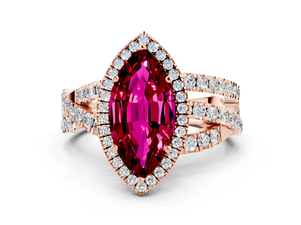 Rose gold Marquise Cut Garnet Halo Ring with Round Split Shank and Prong Setting