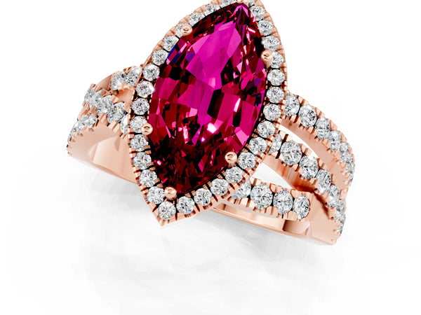 Rose gold Marquise Cut Garnet Halo Ring with Round Split Shank and Prong Setting