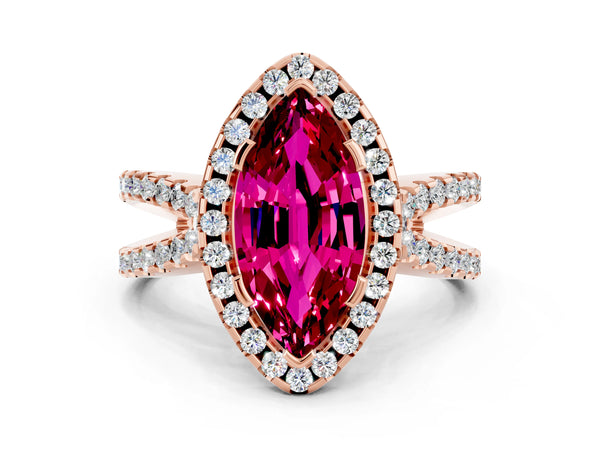 Rose gold Marquise Cut Garnet Halo Ring with Split Shank Pavé Band and Prong Setting