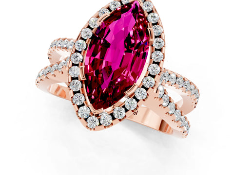 Rose gold Marquise Cut Garnet Halo Ring with Split Shank Pavé Band and Prong Setting_1