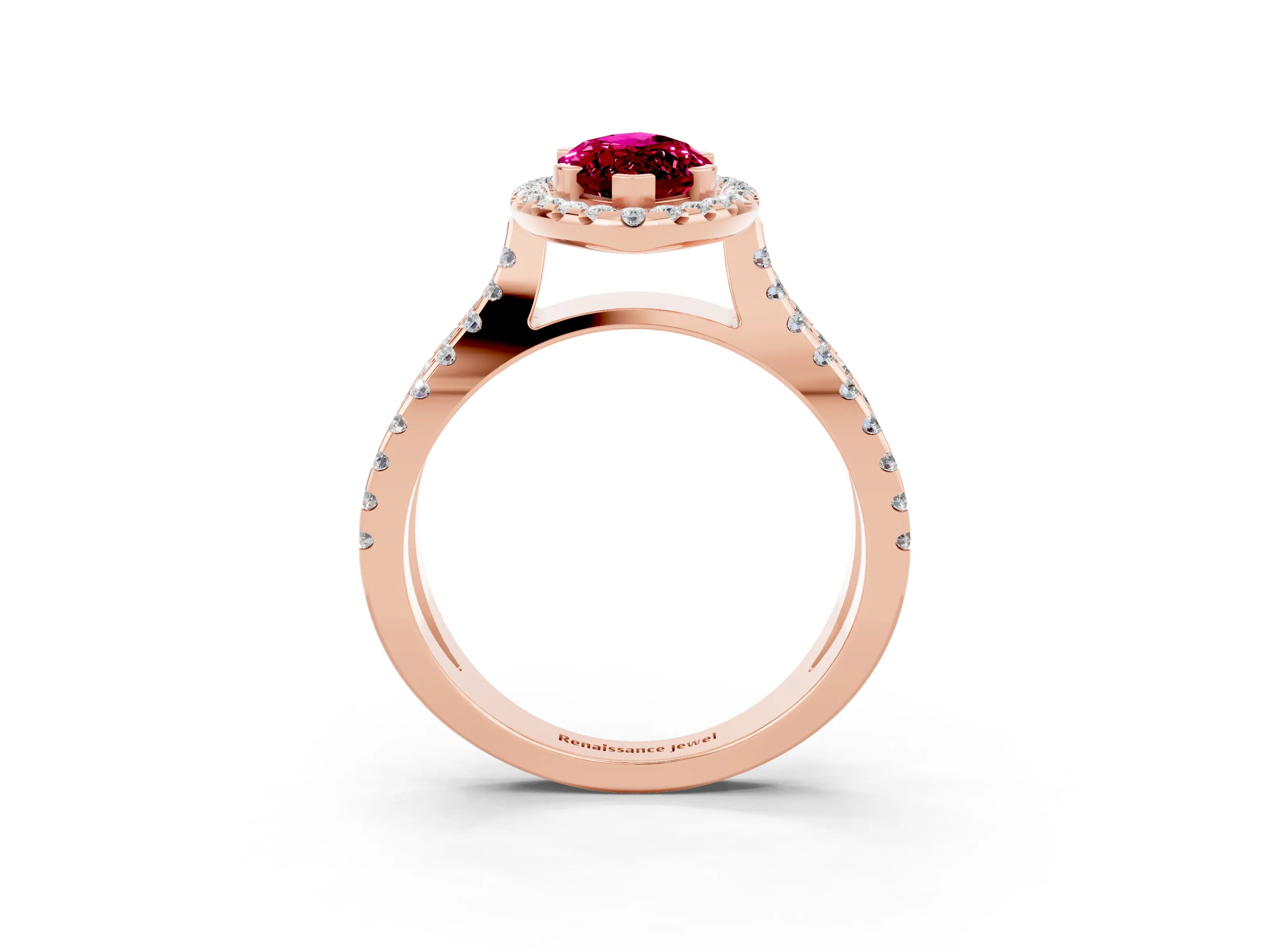 Rose gold Marquise Cut Garnet Halo Ring with Split Shank Pavé Band and Prong Setting_3