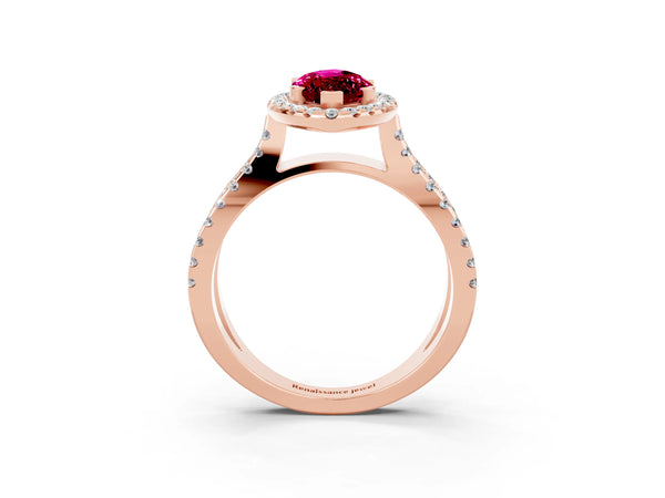 Rose gold Marquise Cut Garnet Halo Ring with Split Shank Pavé Band and Prong Setting
