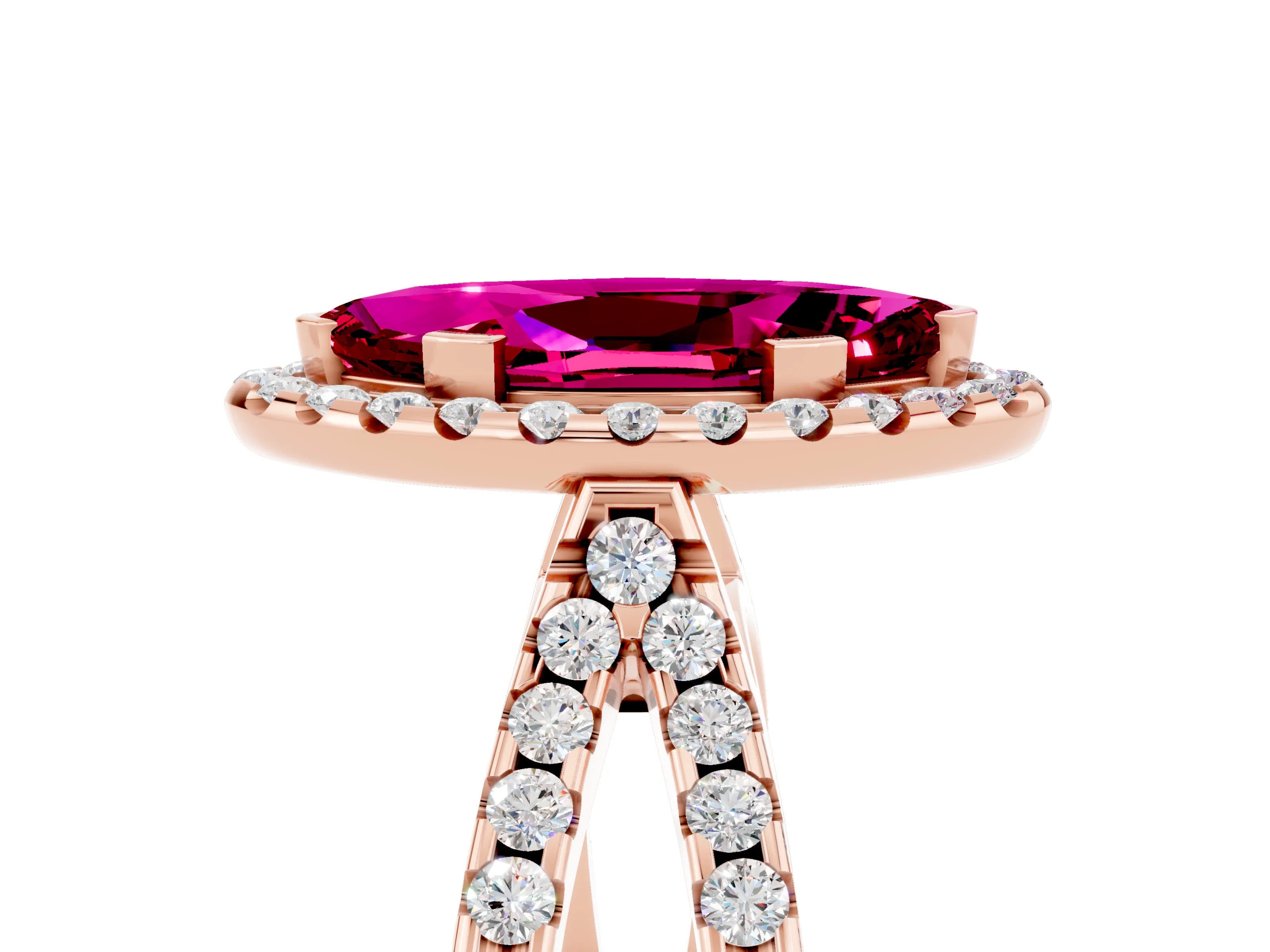 Rose gold Marquise Cut Garnet Halo Ring with Split Shank Pavé Band and Prong Setting_5