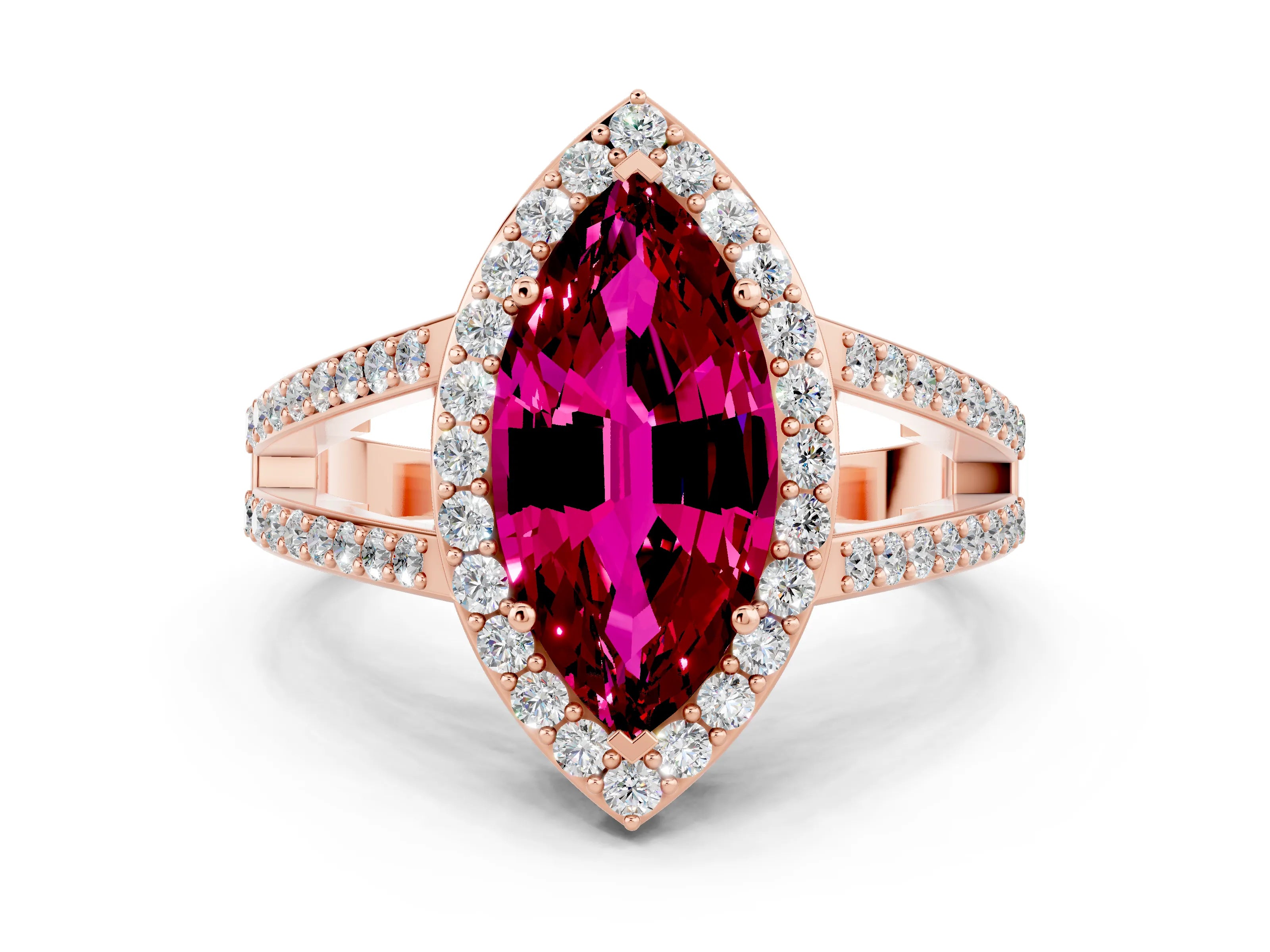 Rose gold Marquise Cut Garnet Halo Ring with Split Shank U-Prong Band and Four-Prong Setting