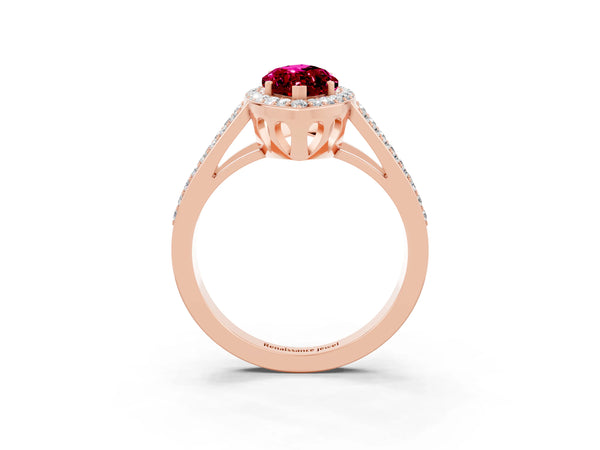 Rose gold Marquise Cut Garnet Halo Ring with Split Shank U-Prong Band and Four-Prong Setting