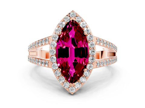 Rose gold Marquise Cut Garnet Halo Ring with Split Shank U-Prong Band and Four-Prong Setting