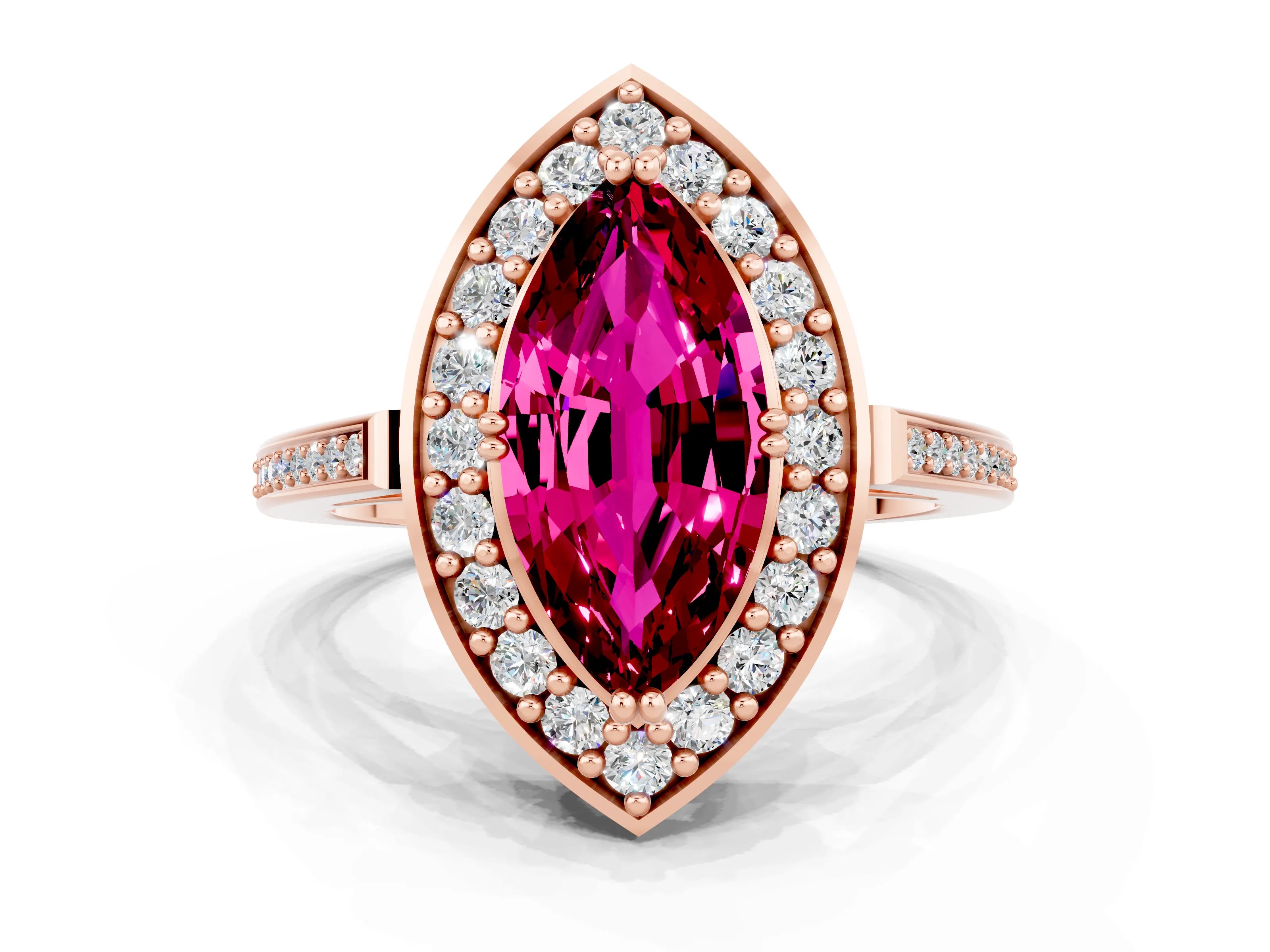 Rose gold Marquise Cut Garnet Halo Ring with Split Shank and Four-Prong Setting