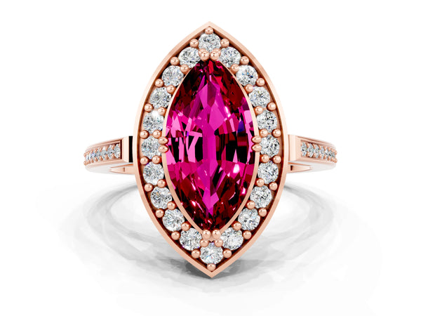 Rose gold Marquise Cut Garnet Halo Ring with Split Shank and Four-Prong Setting
