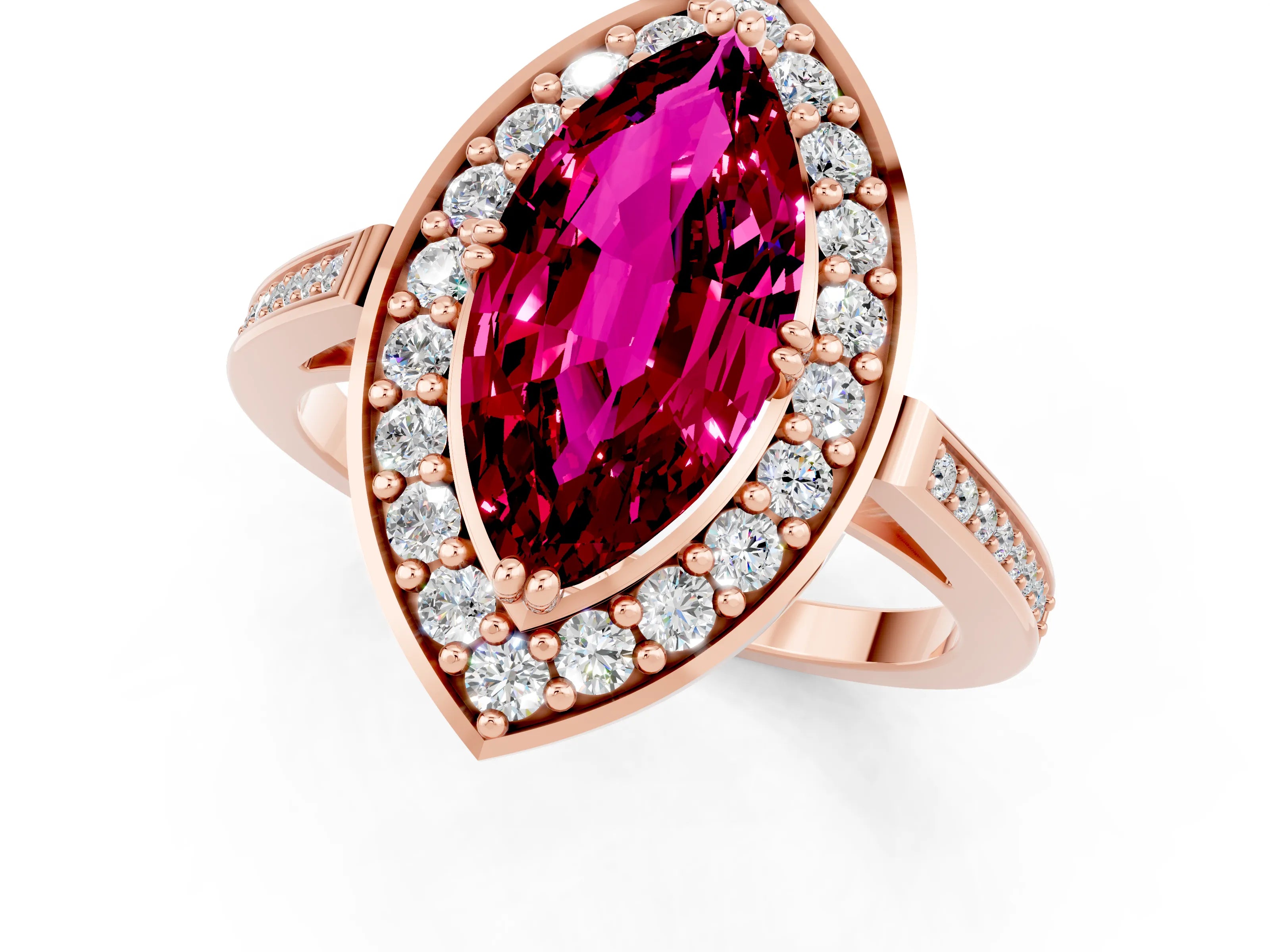 Rose gold Marquise Cut Garnet Halo Ring with Split Shank and Four-Prong Setting_1