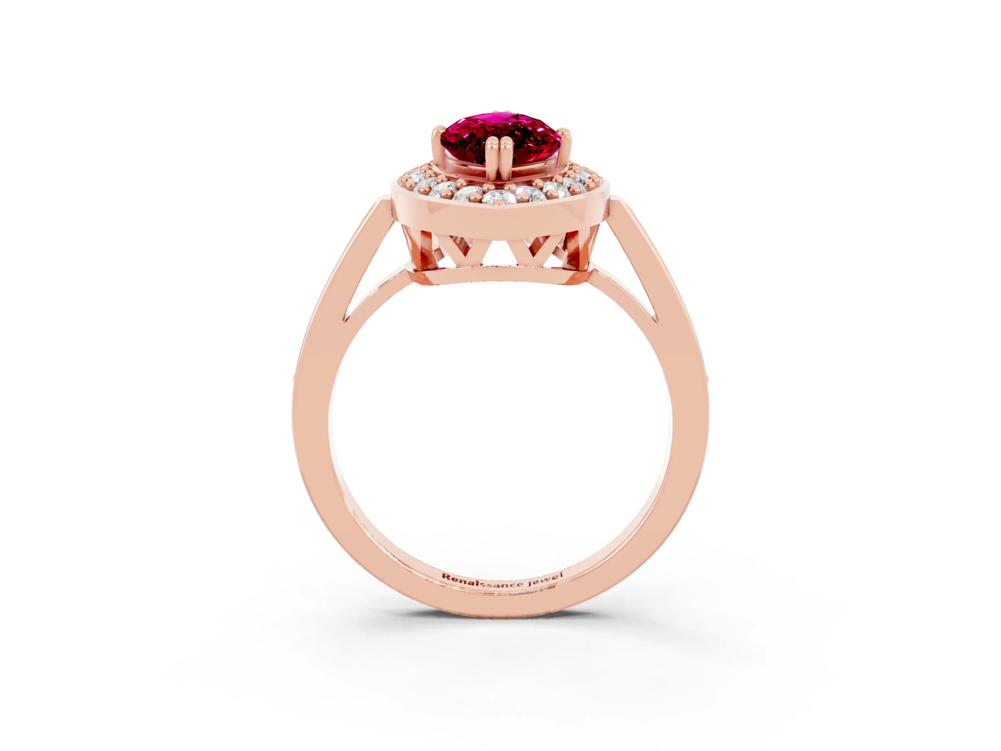 Rose gold Marquise Cut Garnet Halo Ring with Split Shank and Four-Prong Setting_3