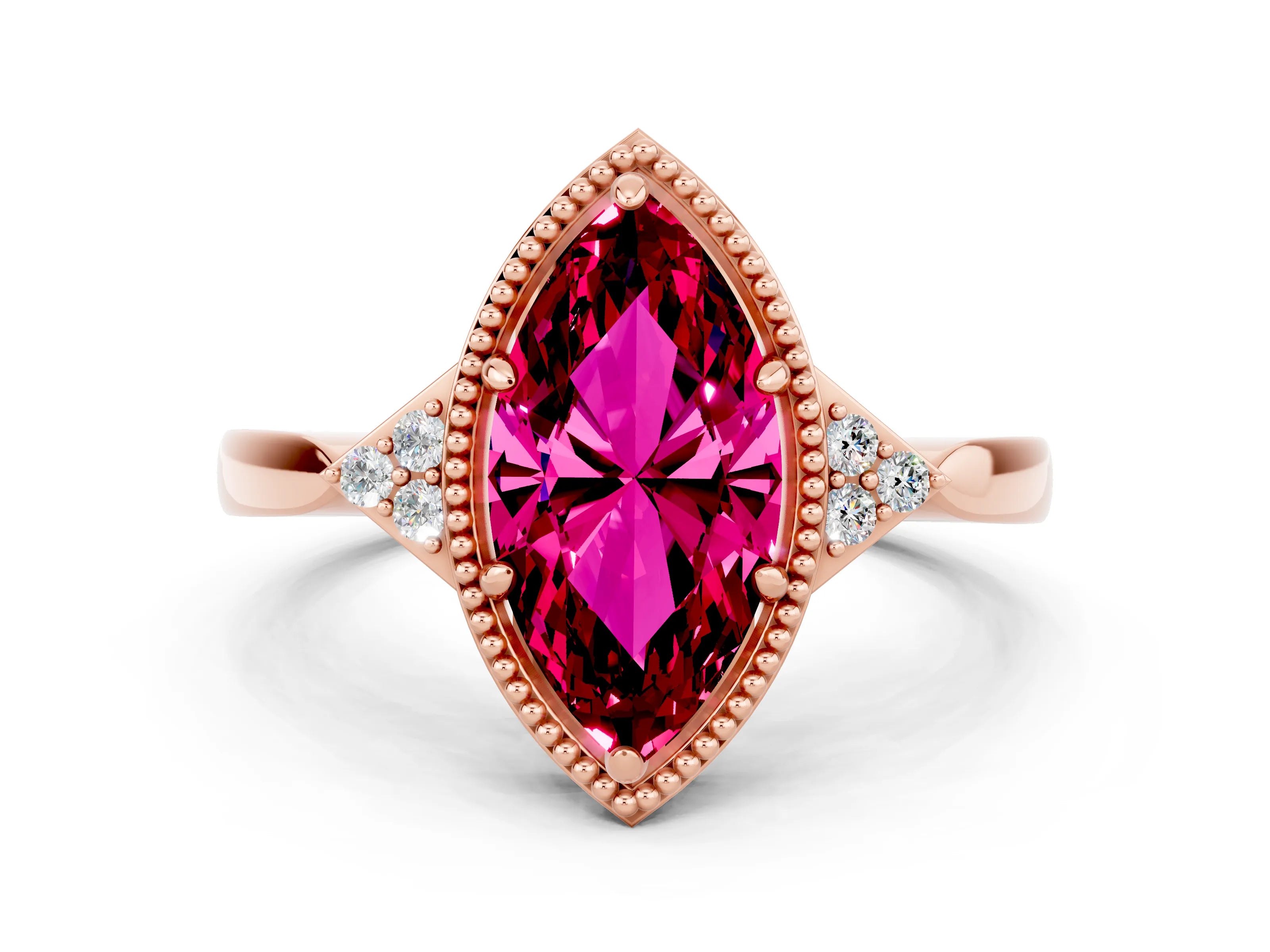 Rose gold Marquise Cut Garnet Halo Ring with Tapered Band and Four-Prong Setting